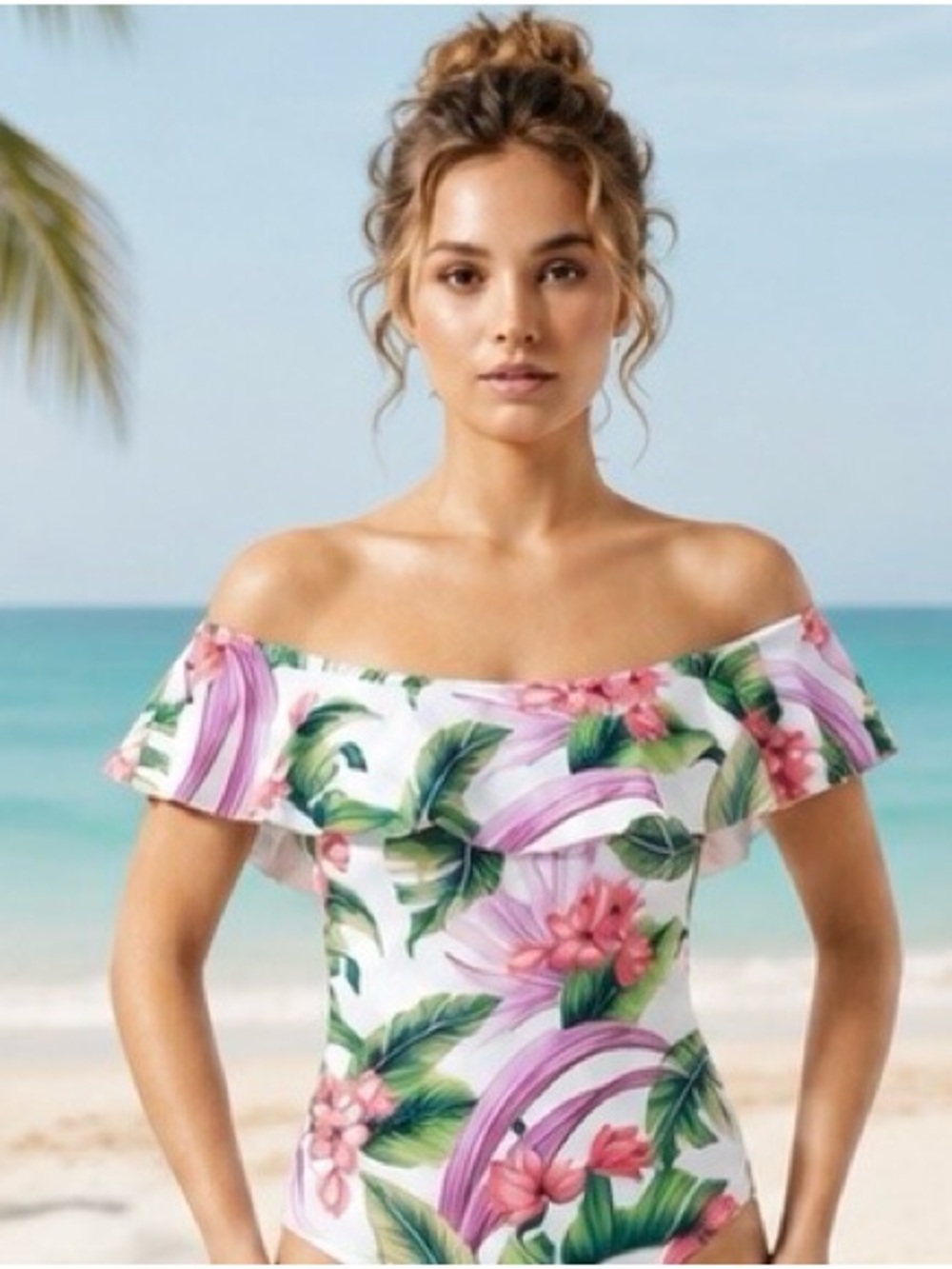 Kona Sol Tropical Floral Off Shoulder Ruffle One Piece Swimsuit Small